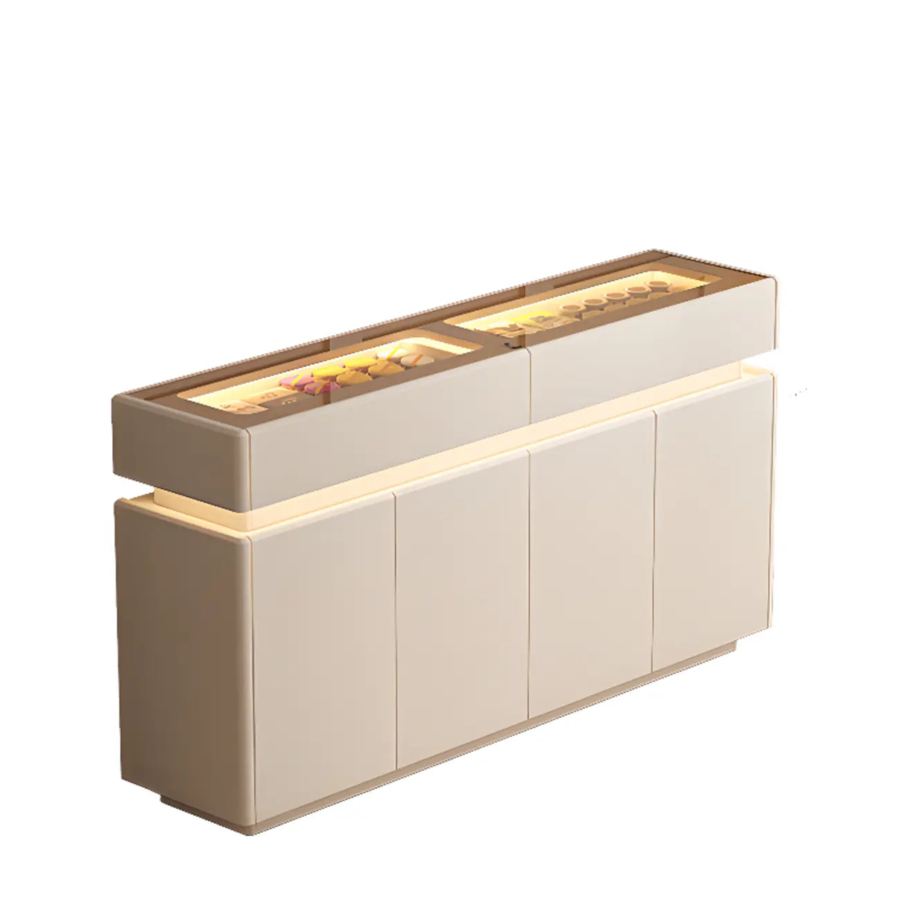 Buffet noir en bois et verre avec éclairage LED, tiroirs et étagères