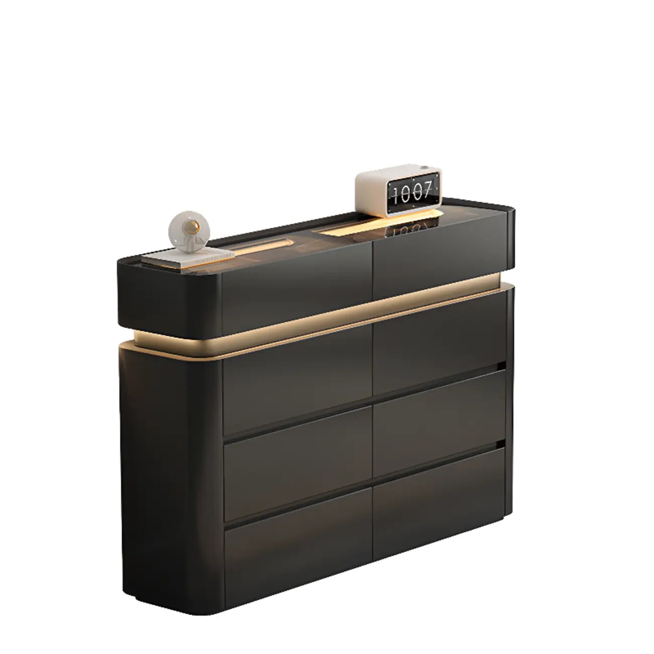 Buffet noir en bois et verre avec éclairage LED, tiroirs et étagères