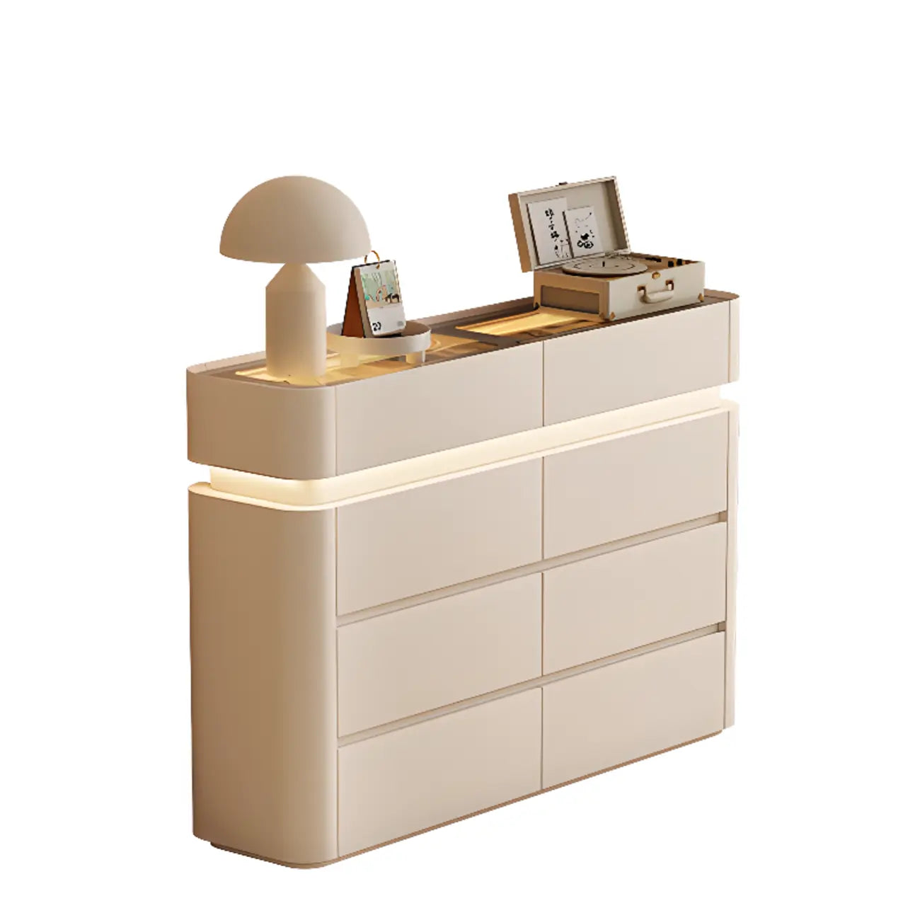 Buffet noir en bois et verre avec éclairage LED, tiroirs et étagères