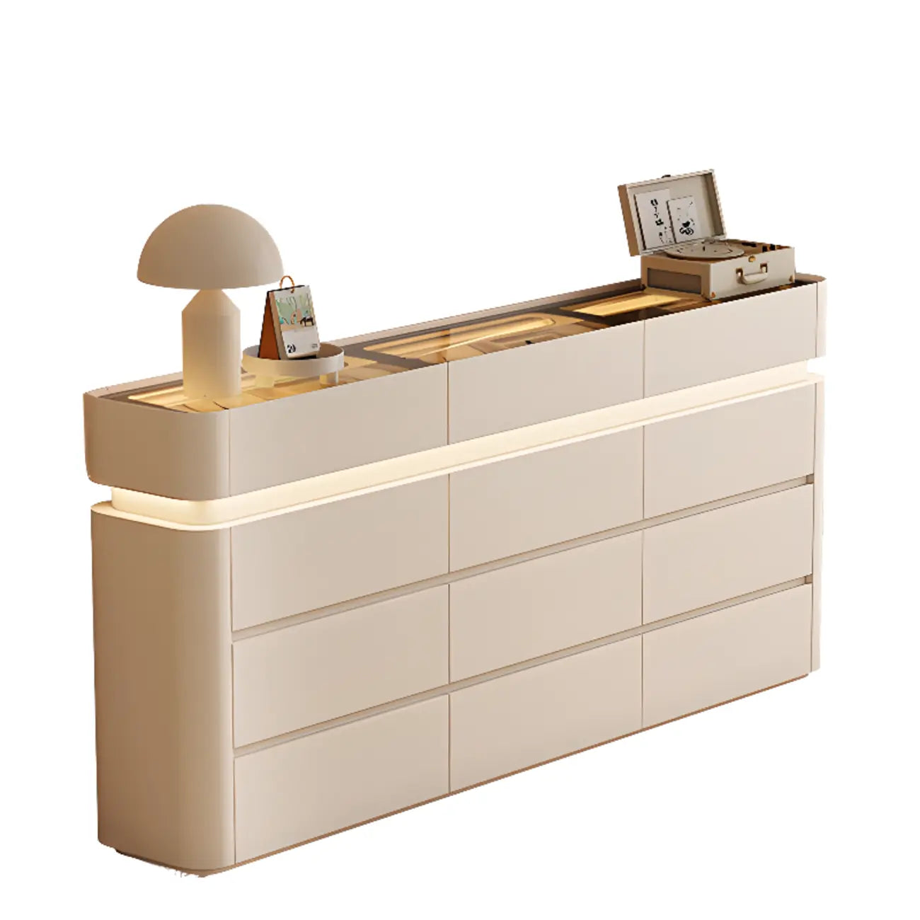 Buffet noir en bois et verre avec éclairage LED, tiroirs et étagères