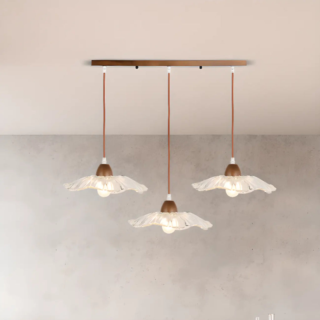 Suspension moderne à 3 lumières en verre et bois pour îlot de cuisine