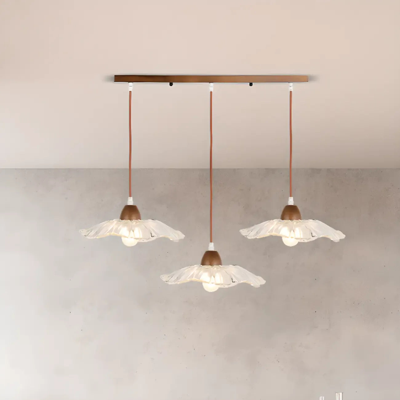 Suspension moderne à 3 lumières en verre et bois pour îlot de cuisine