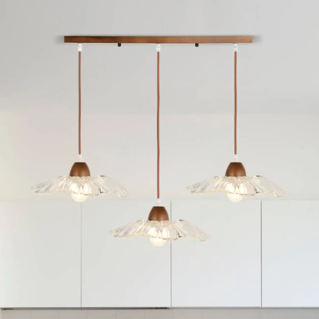 Suspension moderne à 3 lumières en verre et bois pour îlot de cuisine