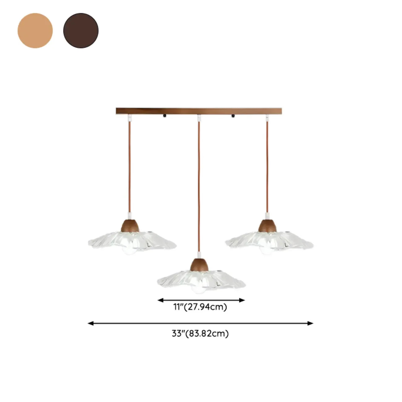 Suspension moderne à 3 lumières en verre et bois pour îlot de cuisine