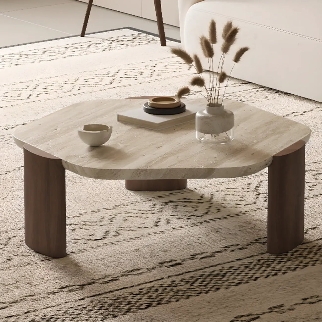 Table basse moderne hexagonale/ronde avec plateau en travertin beige.