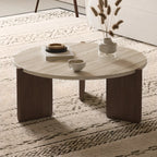 Table basse moderne hexagonale/ronde avec plateau en travertin beige.