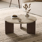 Table basse moderne hexagonale/ronde avec plateau en travertin beige.