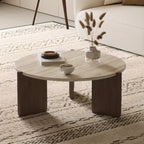 Table basse moderne hexagonale/ronde avec plateau en travertin beige.