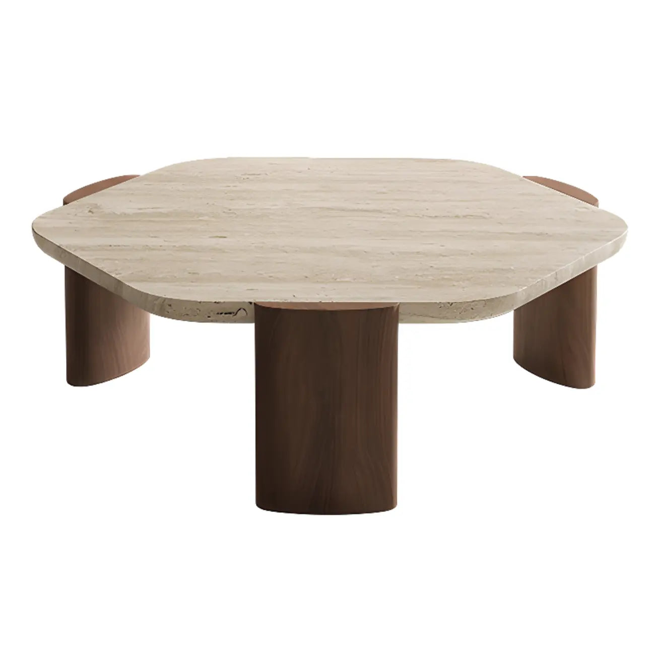 Table basse moderne hexagonale/ronde avec plateau en travertin beige.