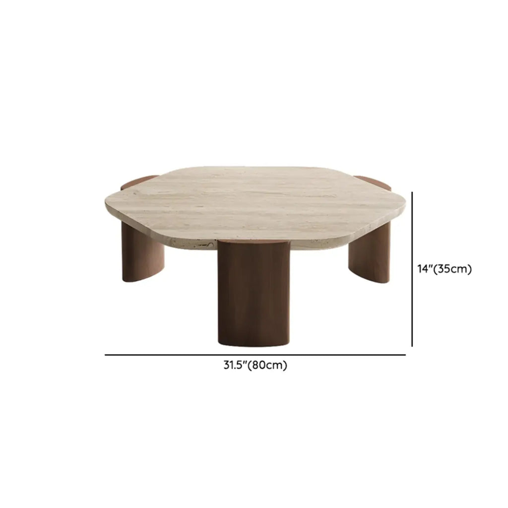 Table basse moderne hexagonale/ronde avec plateau en travertin beige.