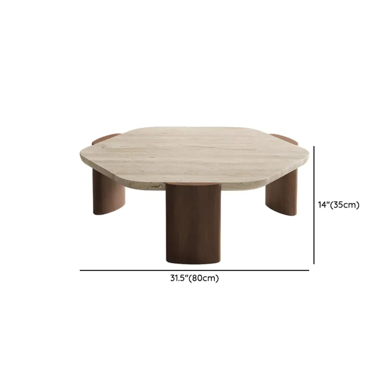 Table basse moderne hexagonale/ronde avec plateau en travertin beige.