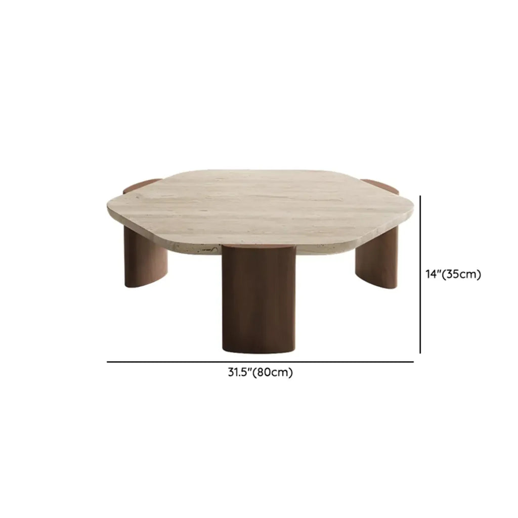 Table basse moderne hexagonale/ronde avec plateau en travertin beige.