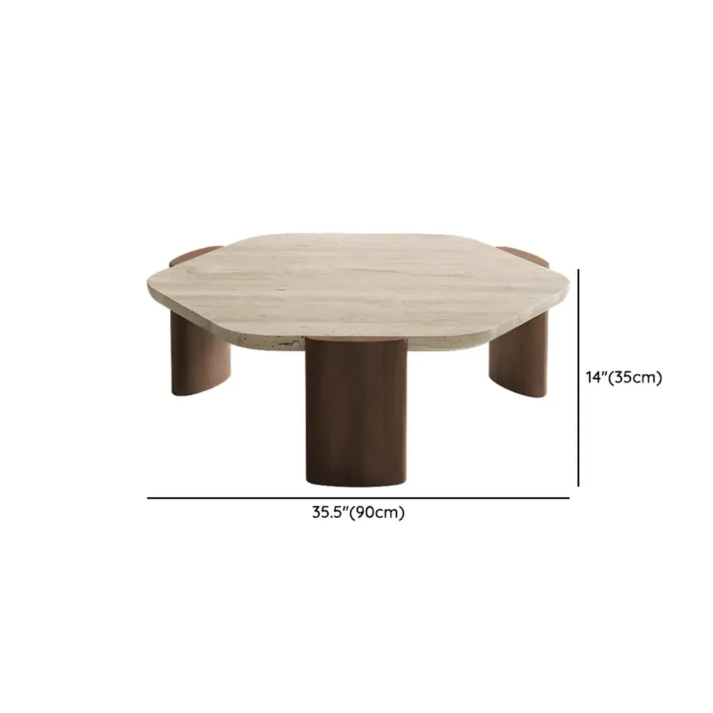 Table basse moderne hexagonale/ronde avec plateau en travertin beige.