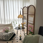 Lampadaire trépied arqué avec table, abat-jour en tissu à motif floral rustique