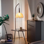 Lampadaire trépied arqué avec table, abat-jour en tissu à motif floral rustique