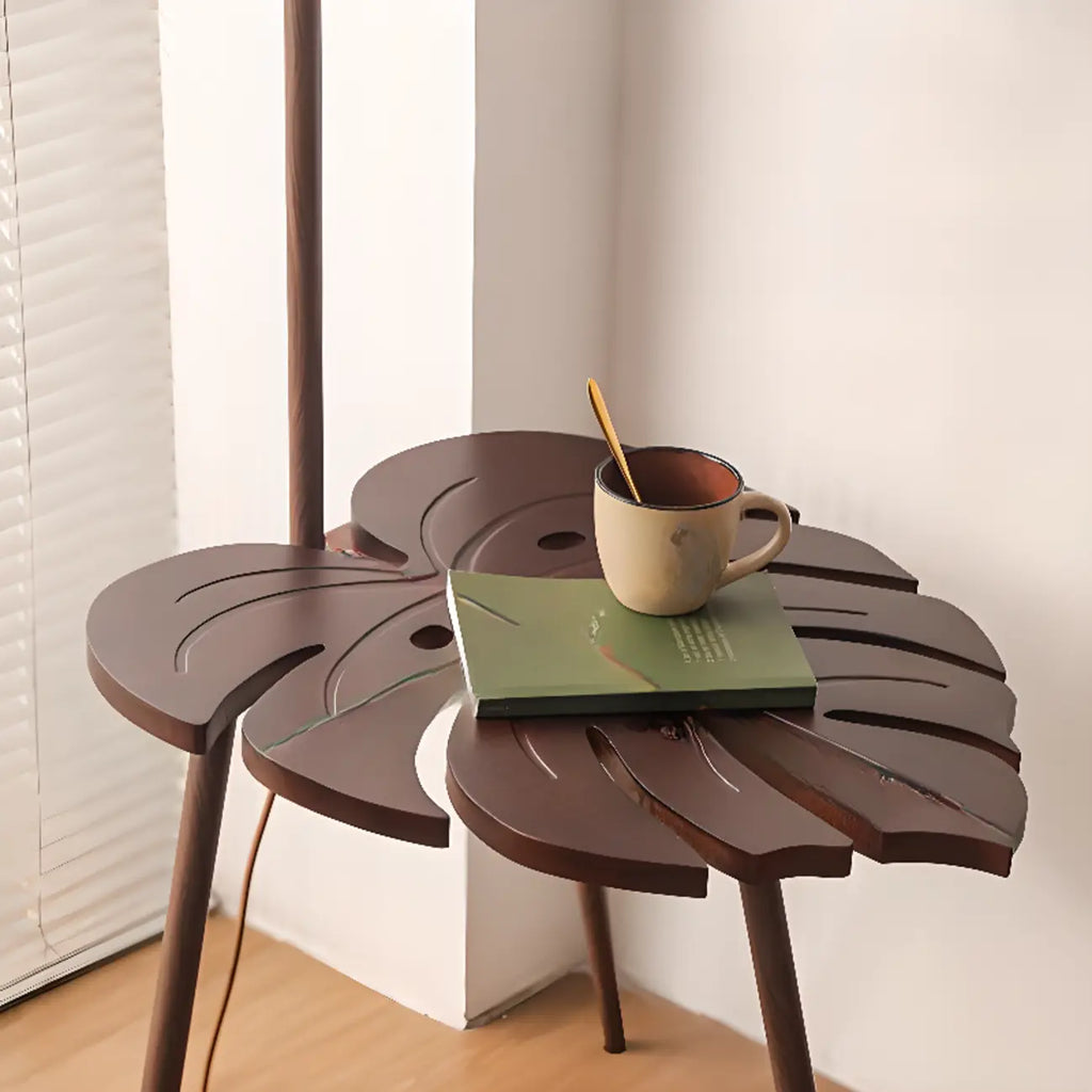 Lampadaire trépied arqué avec table, abat-jour en tissu à motif floral rustique