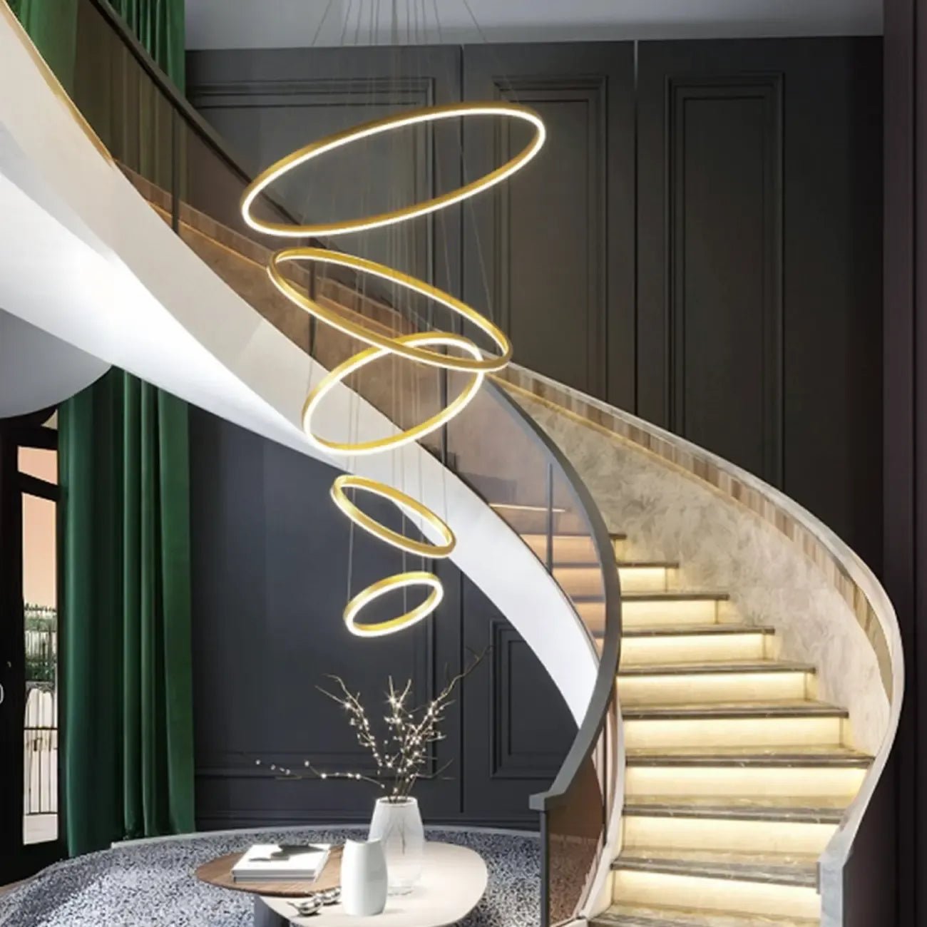 Lustre circulaire moderne à plusieurs niveaux avec télécommande LED pour escalier