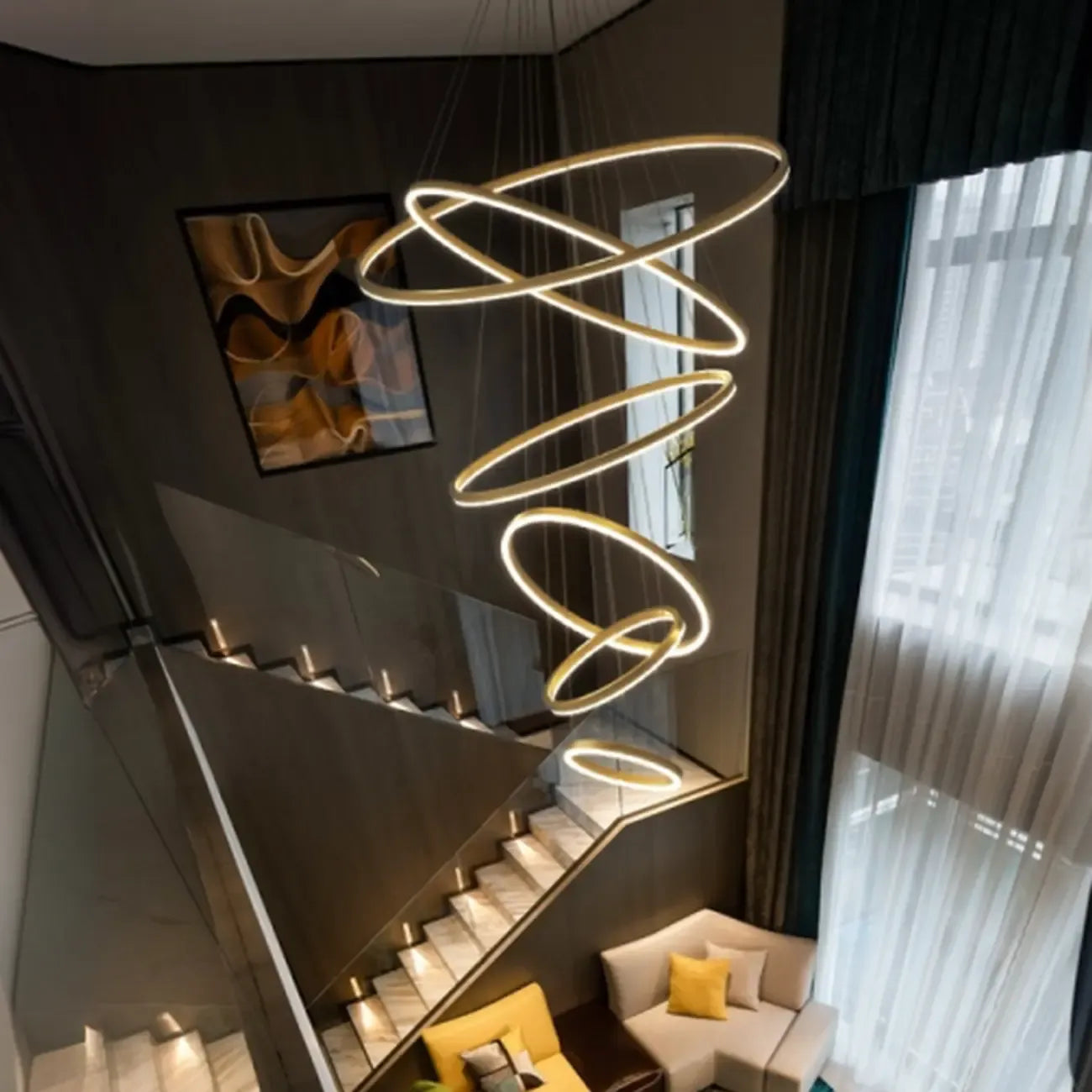 Lustre circulaire moderne à plusieurs niveaux avec télécommande LED pour escalier