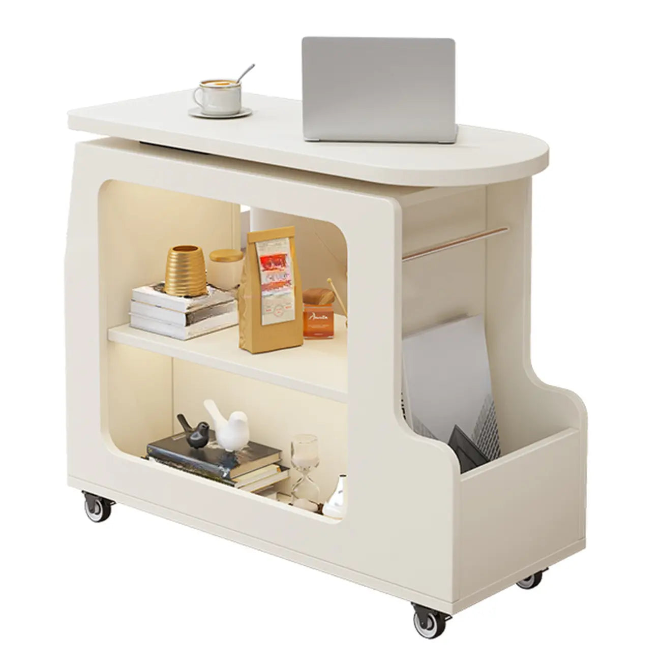 Table d'appoint polyvalente, moderne, marron, en forme de demi-cercle, à roulettes