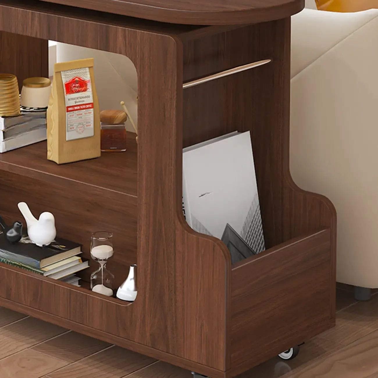 Table d'appoint polyvalente, moderne, marron, en forme de demi-cercle, à roulettes