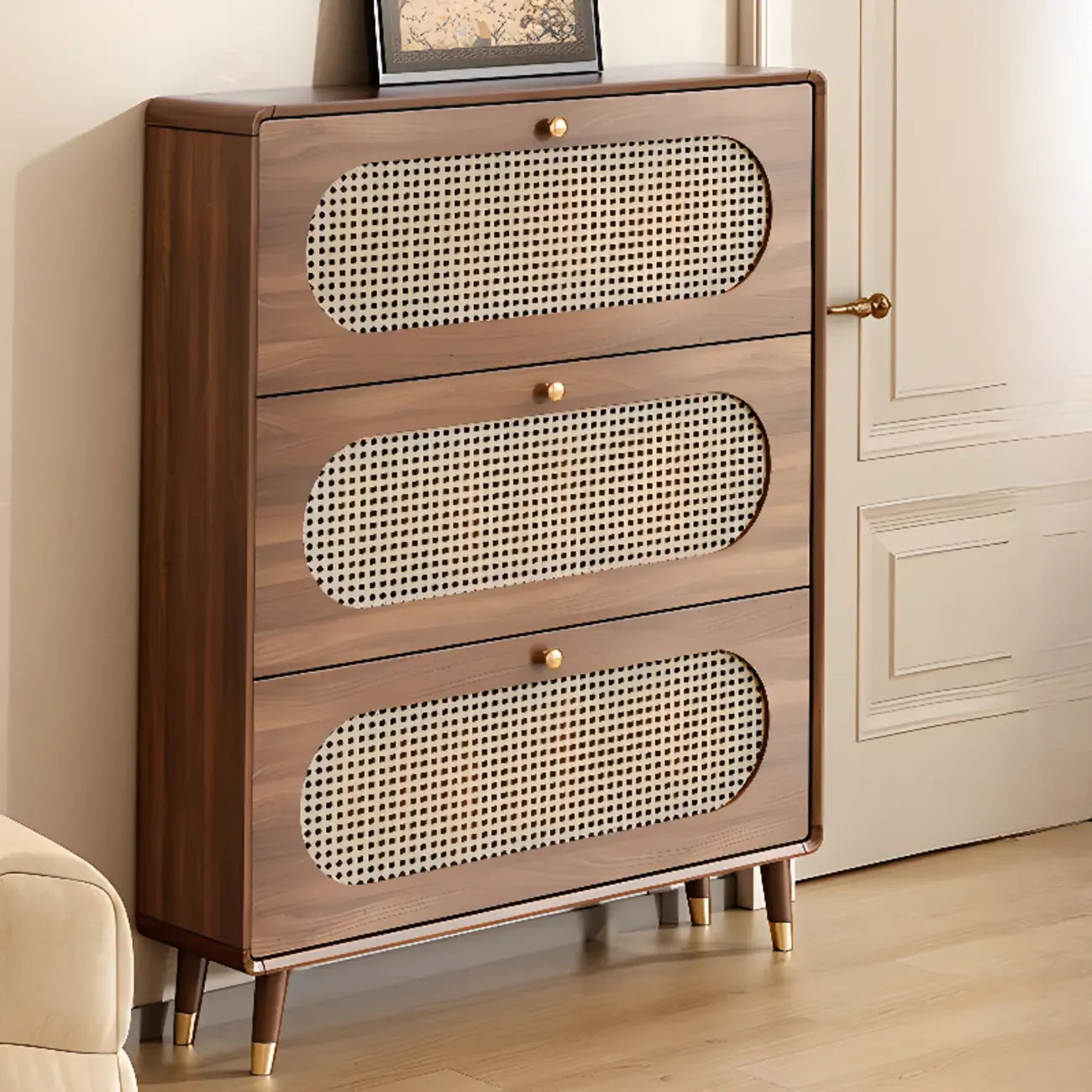 Meuble à chaussures bohème mince en bois marron à façade rabattable