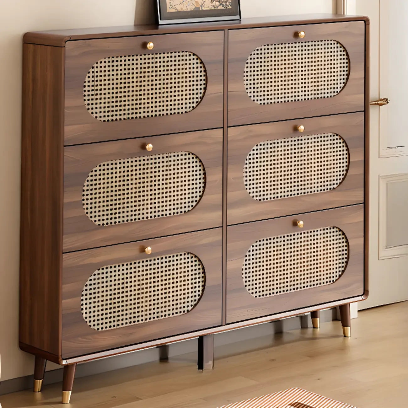 Meuble à chaussures bohème mince en bois marron à façade rabattable