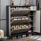 Meuble à chaussures étroit et élégant en bois gris avec porte rabattable