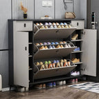 Meuble à chaussures étroit et élégant en bois gris avec porte rabattable