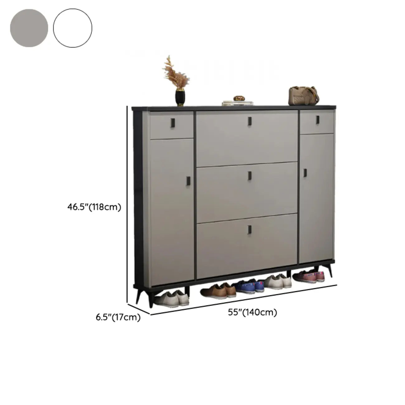 Meuble à chaussures étroit et élégant en bois gris avec porte rabattable