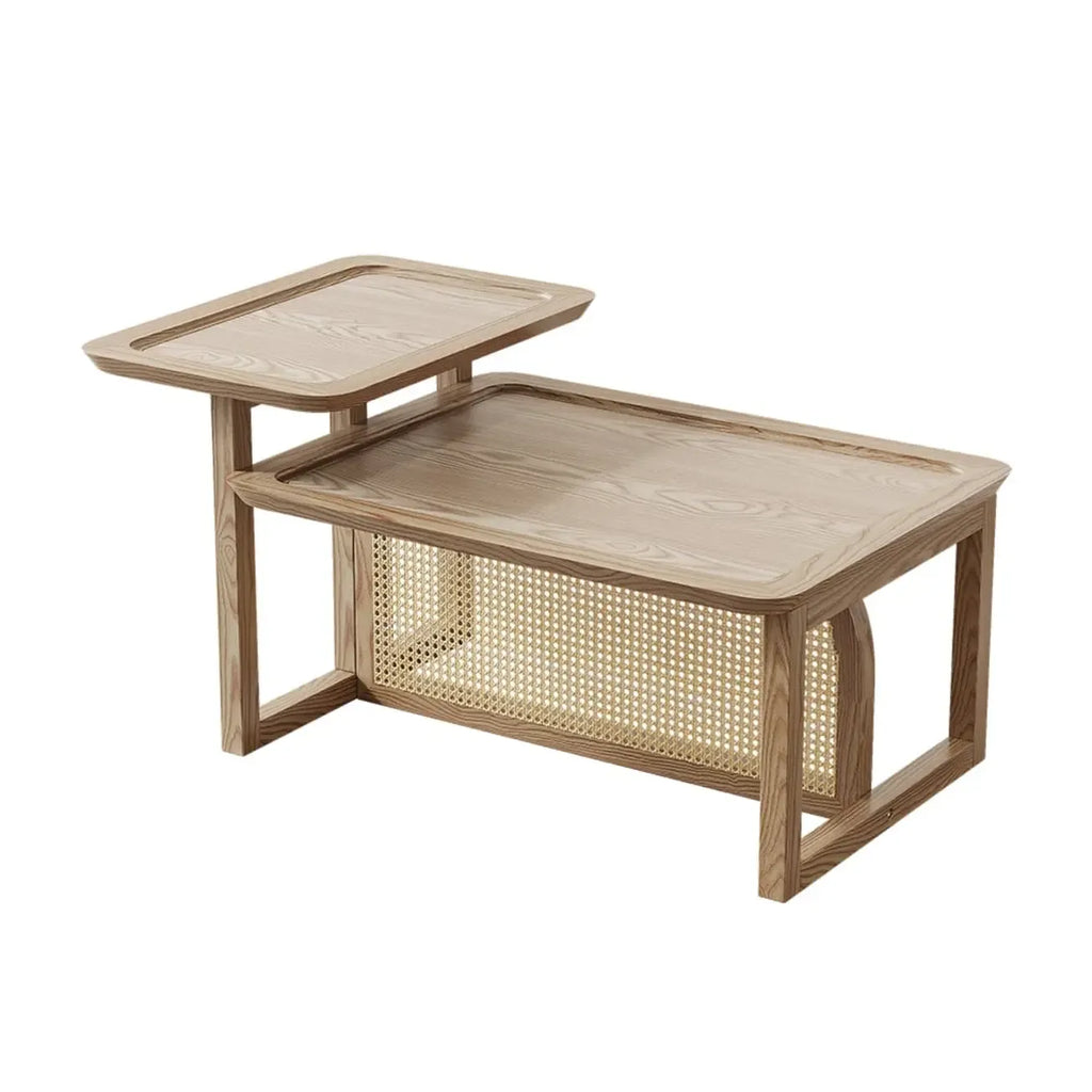 Ensemble table basse rectangulaire en rotin et bois finition naturelle