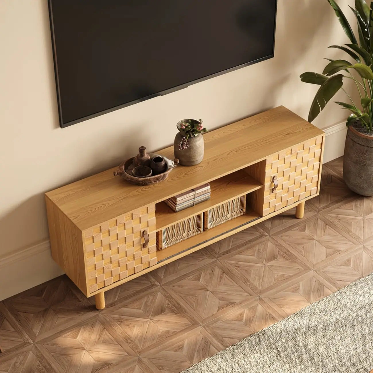 Meuble TV style années 50 en bois naturel avec rangement