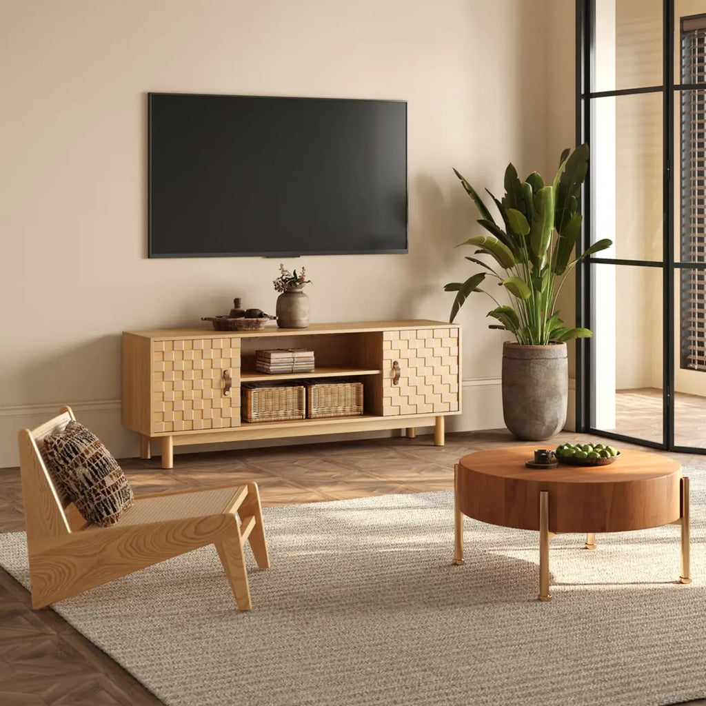 Meuble TV style années 50 en bois naturel avec rangement