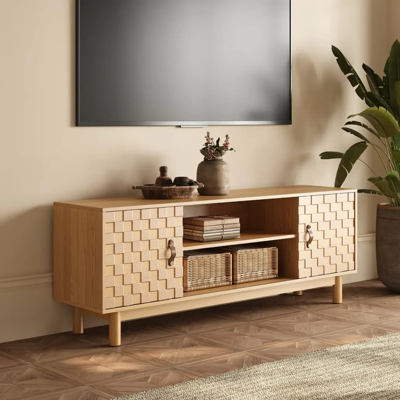 Meuble TV style années 50 en bois naturel avec rangement