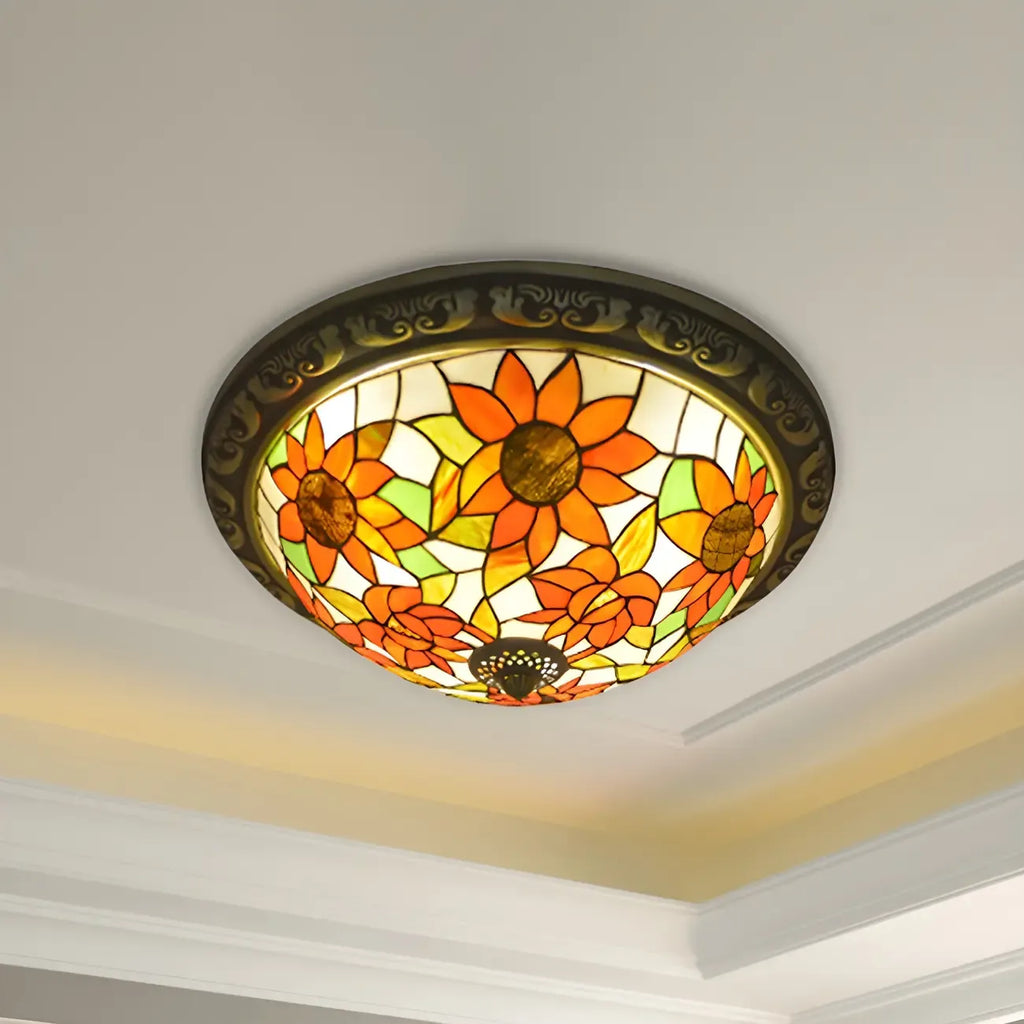 Plafonnier encastré avec abat-jour en vitrail vintage