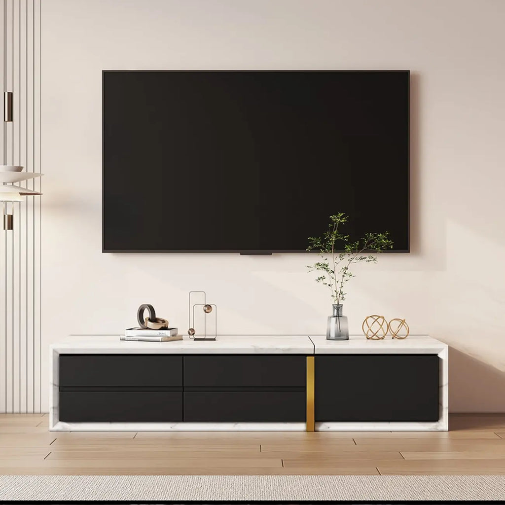 Meuble TV extensible moderne blanc et noir à 2 tiroirs en bois