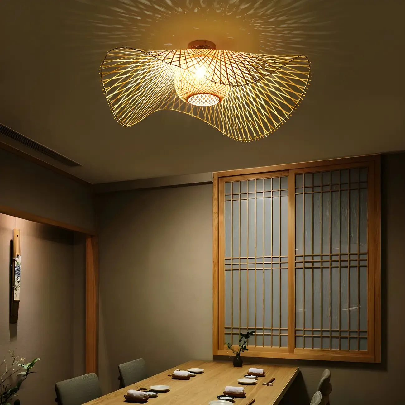 Plafonnier semi-encastré rustique oriental en rotin tressé