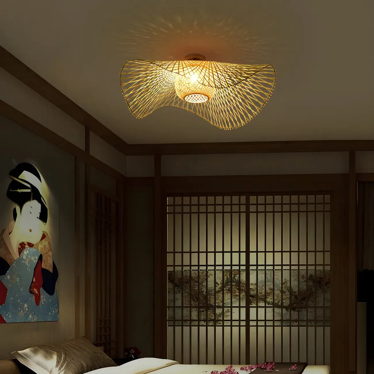 Plafonnier semi-encastré rustique oriental en rotin tressé