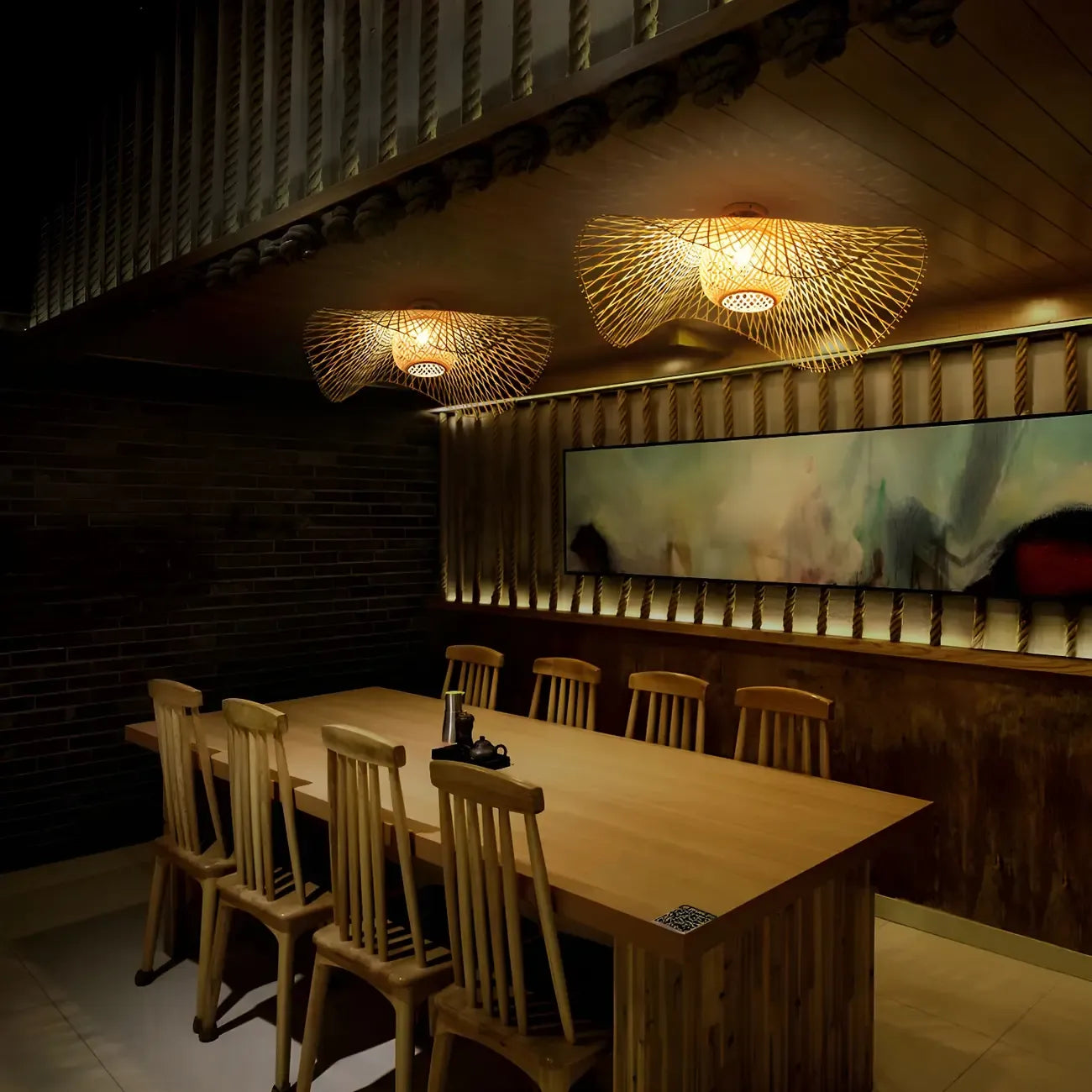 Plafonnier semi-encastré rustique oriental en rotin tressé