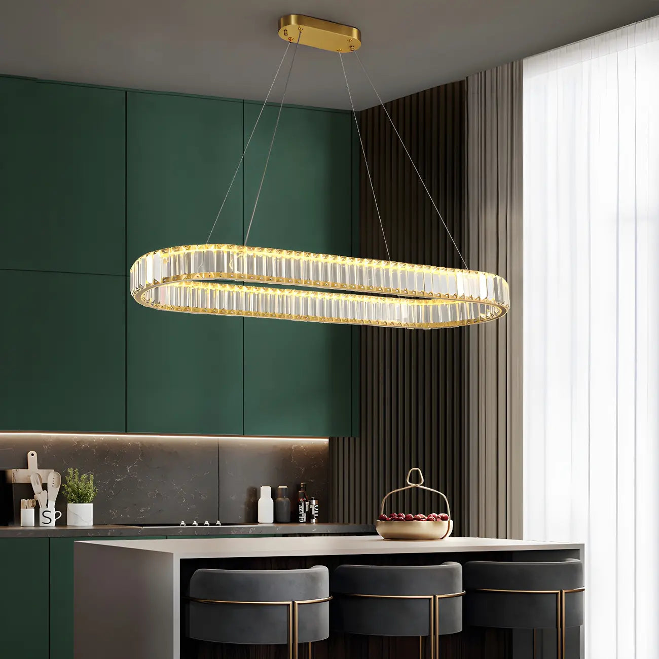 Suspension LED moderne en cristal doré pour îlot de cuisine