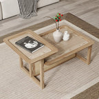 Ensemble table basse rectangulaire en rotin et bois finition naturelle