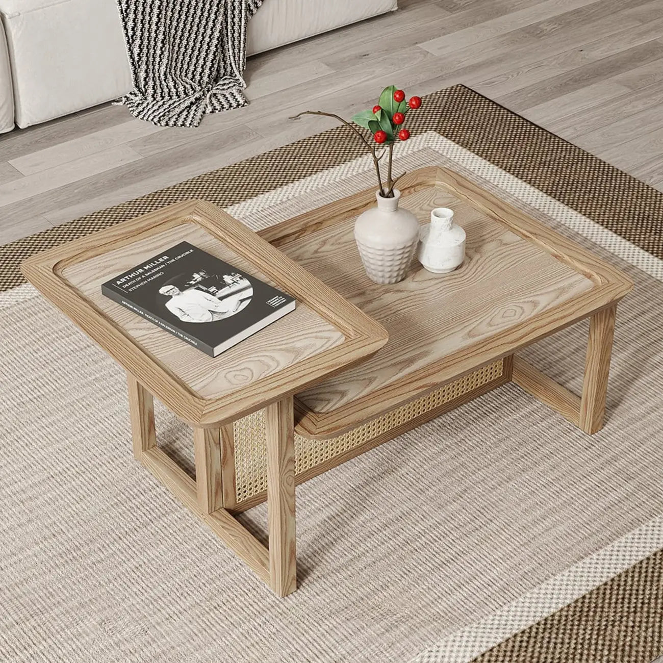 Ensemble table basse rectangulaire en rotin et bois finition naturelle