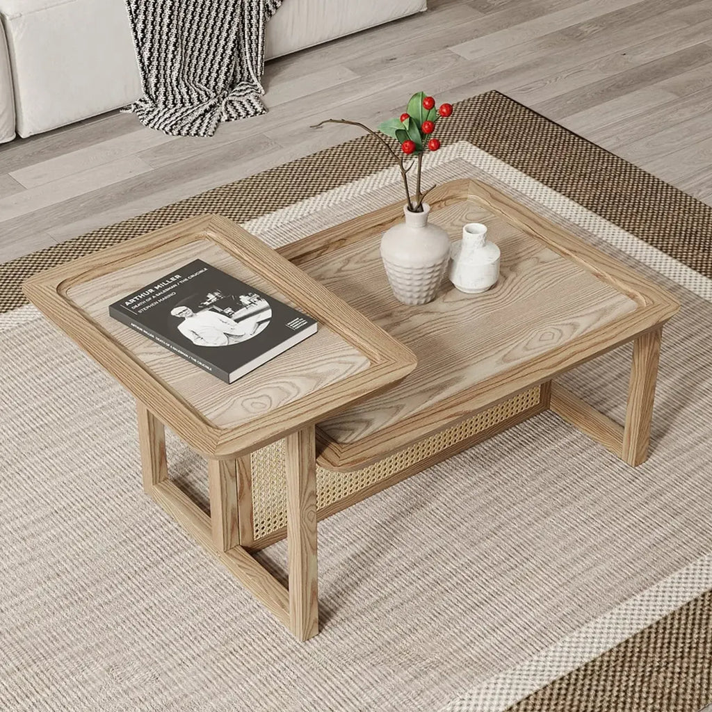 Ensemble table basse rectangulaire en rotin et bois finition naturelle