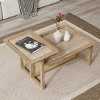 Ensemble table basse rectangulaire en rotin et bois finition naturelle