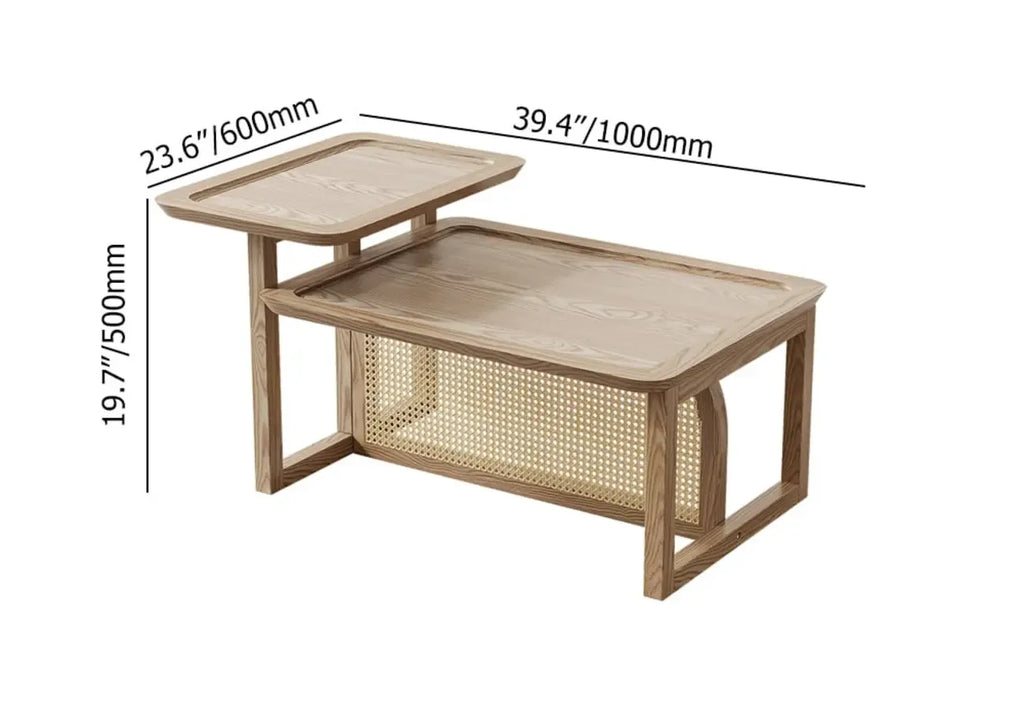 Ensemble table basse rectangulaire en rotin et bois finition naturelle