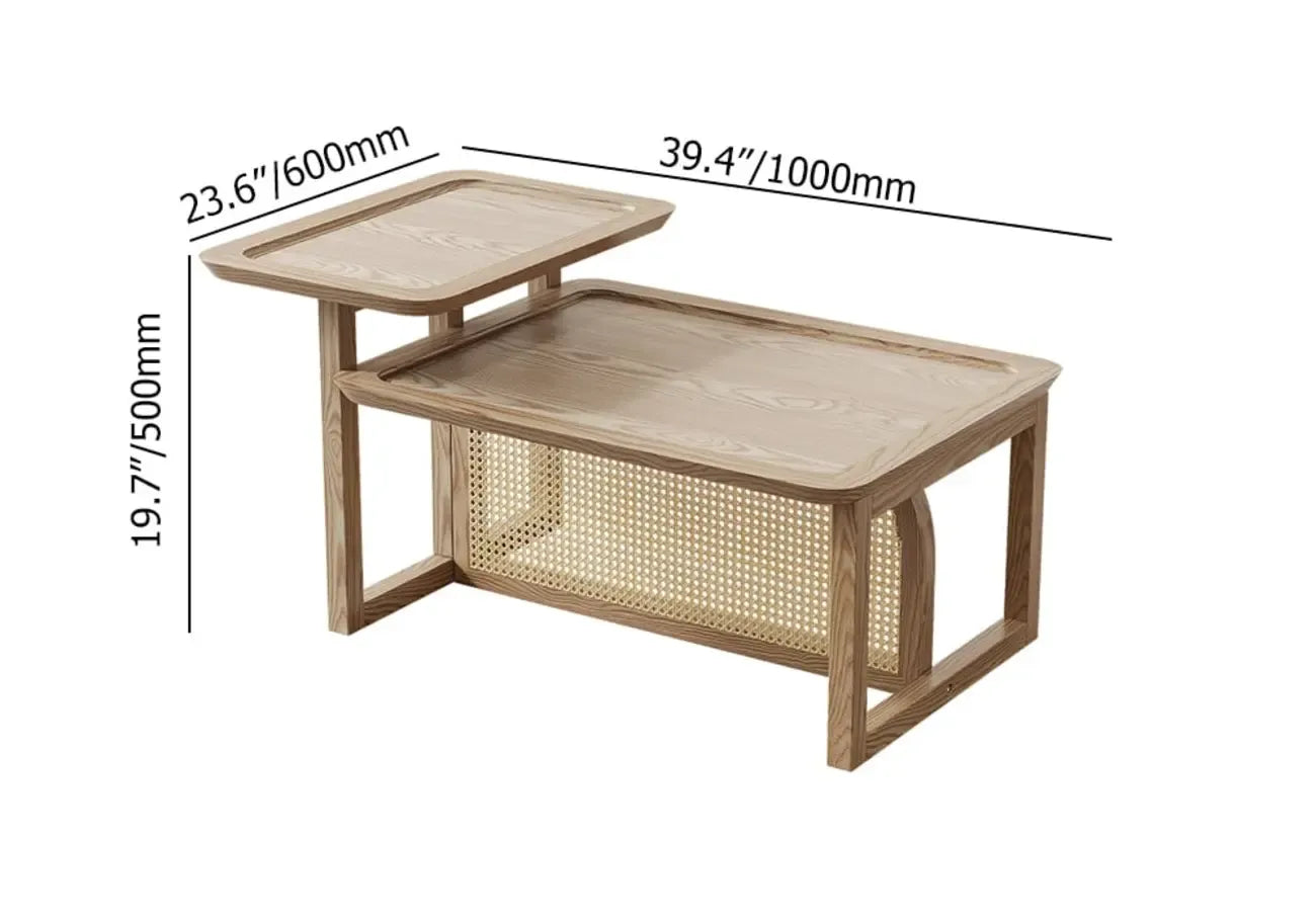 Ensemble table basse rectangulaire en rotin et bois finition naturelle