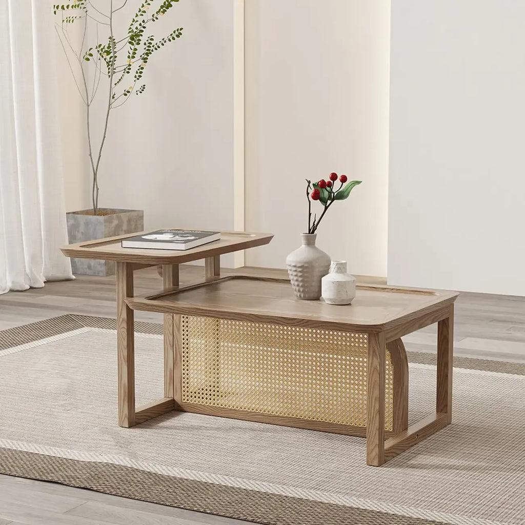 Ensemble table basse rectangulaire en rotin et bois finition naturelle