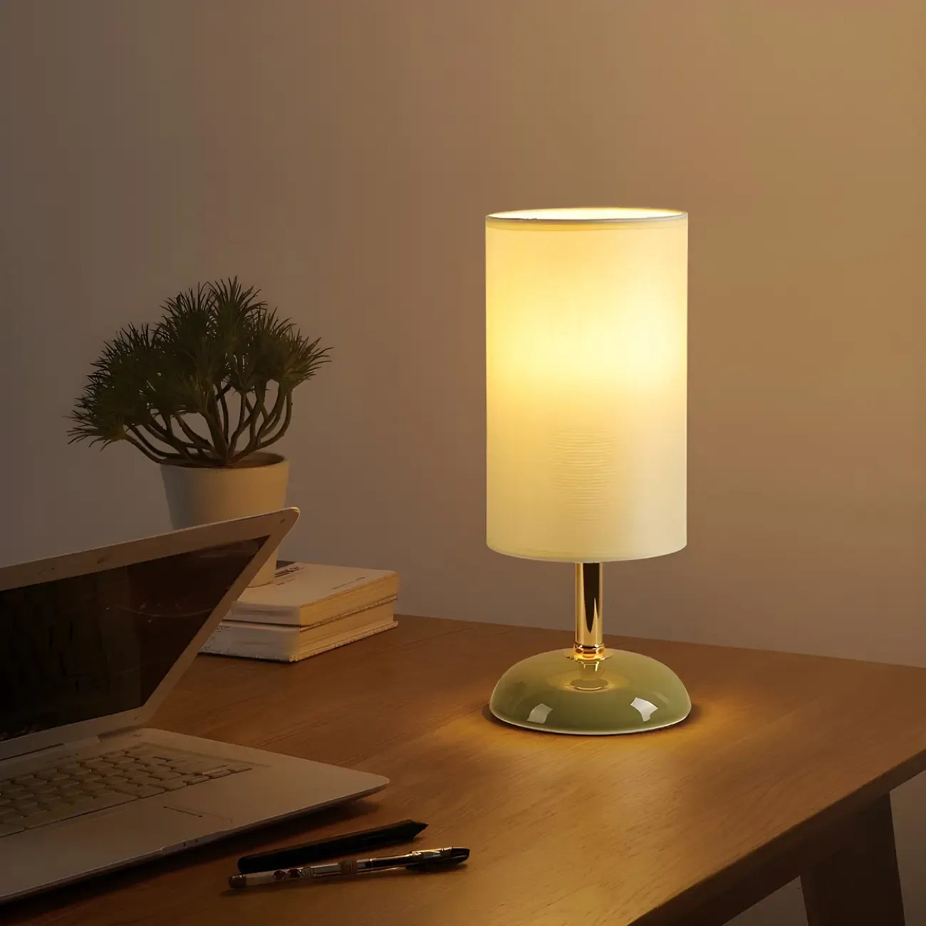 Lampe de table LED en céramique avec abat-jour cylindrique en tissu blanc simple