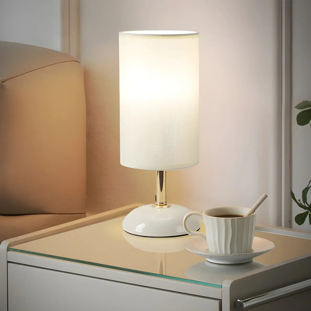 Lampe de table LED en céramique avec abat-jour cylindrique en tissu blanc simple