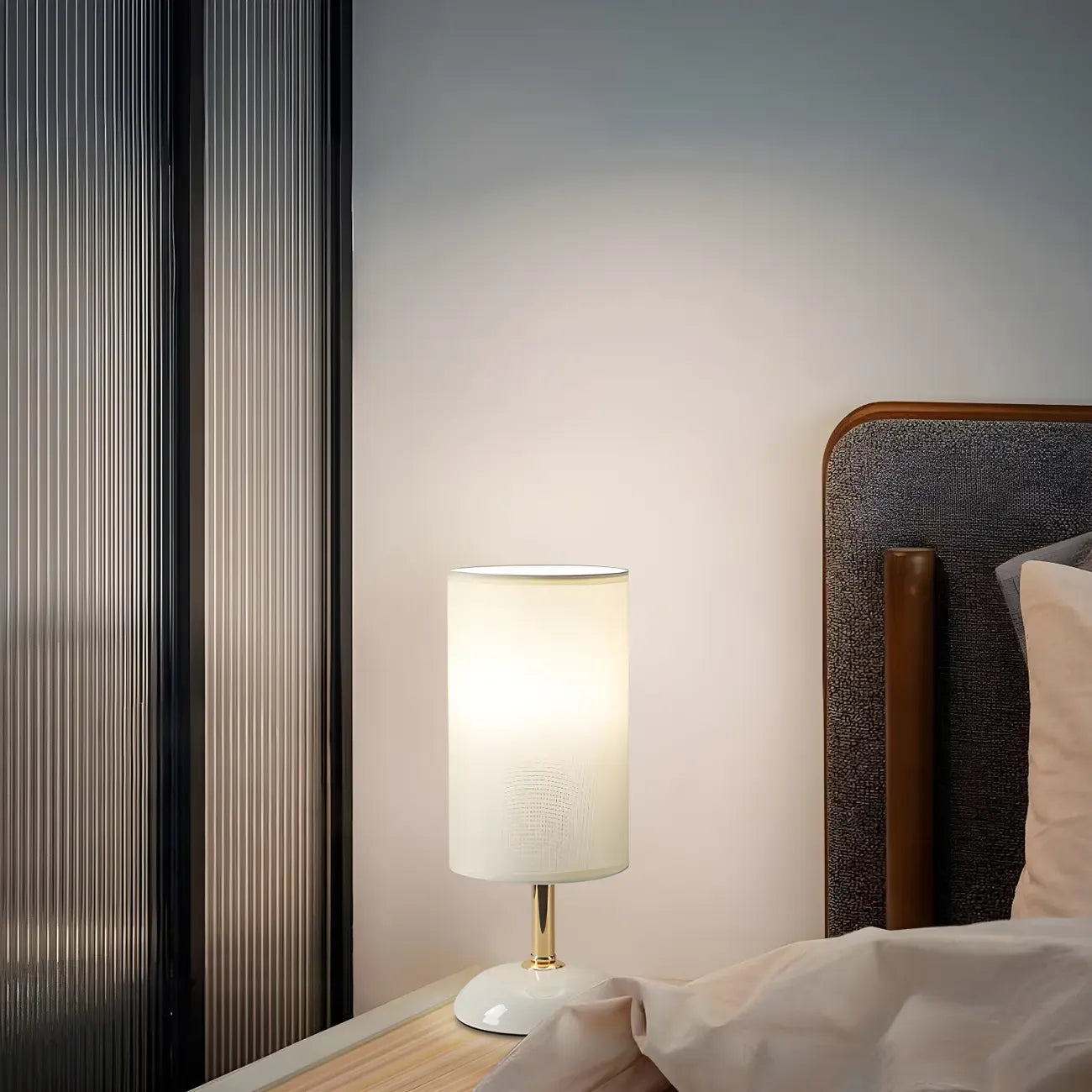 Lampe de table LED en céramique avec abat-jour cylindrique en tissu blanc simple