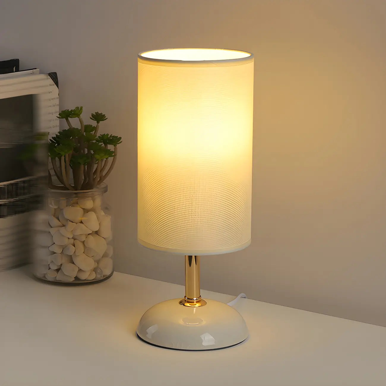 Lampe de table LED en céramique avec abat-jour cylindrique en tissu blanc simple